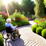 **

"A vibrant therapeutic garden filled with colorful flowers, aromatic herbs, and accessible pathways. Elderly people are interacting with the plants, some in wheelchairs, others tending to the garden. Sunlight streams through the leaves, creating a sense of peace and tranquility. Bioophilic design elements integrated in the space."

**
