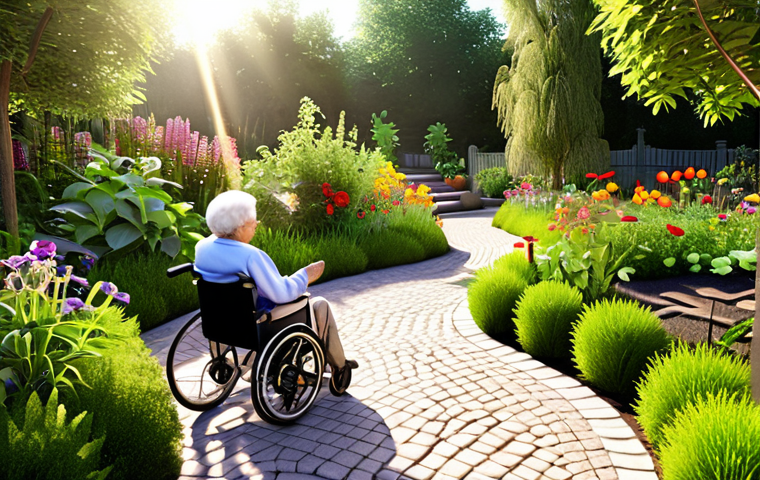 **

"A vibrant therapeutic garden filled with colorful flowers, aromatic herbs, and accessible pathways. Elderly people are interacting with the plants, some in wheelchairs, others tending to the garden. Sunlight streams through the leaves, creating a sense of peace and tranquility. Bioophilic design elements integrated in the space."

**
