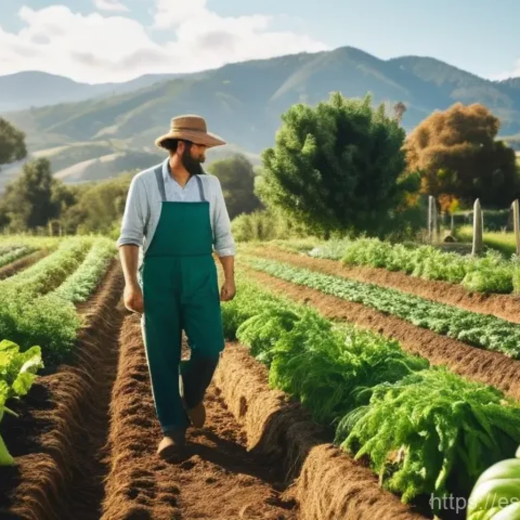 생태 지혜를 통한 식품 안전 관리 - **Prompt:** A vibrant, sun-drenched scene showcasing a Spanish permaculture farm. A person, dressed ...