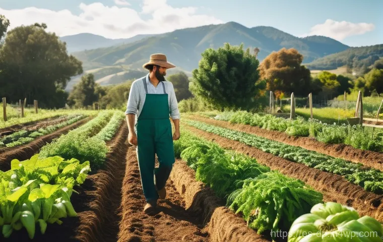 생태 지혜를 통한 식품 안전 관리 - **Prompt:** A vibrant, sun-drenched scene showcasing a Spanish permaculture farm. A person, dressed ...