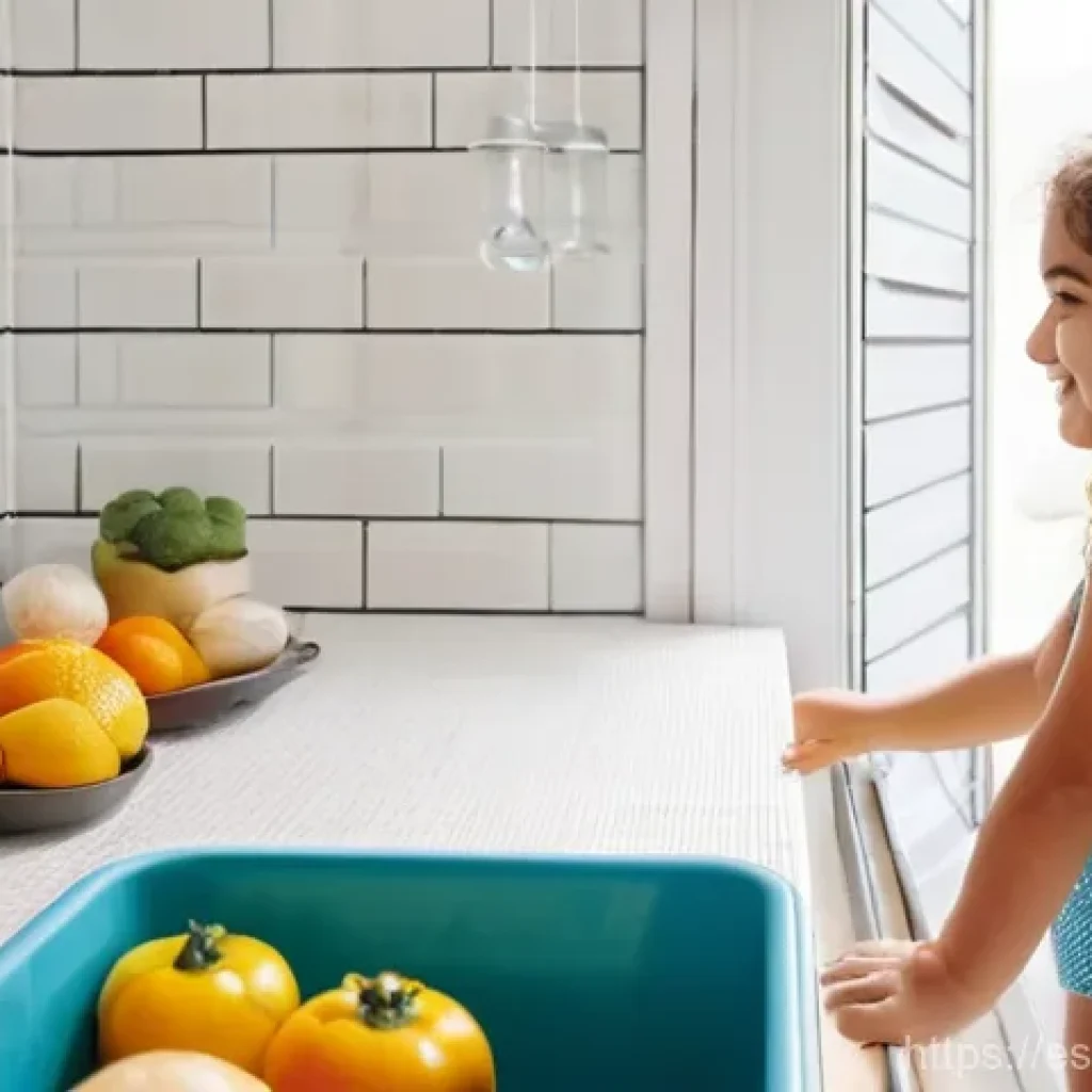 생태 지혜와 물 절약 전략 - **Prompt:** A cozy, sunlit modern Spanish apartment. In the kitchen, a young Spanish mother and her ...