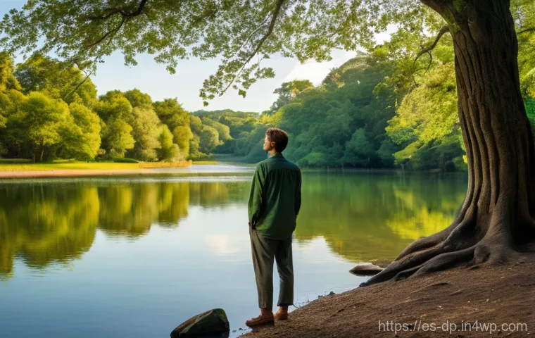 생태 지혜와 개인적 성장의 연관성 - Image Prompt 1: The Green Mirror - Reflection and Resilience**
