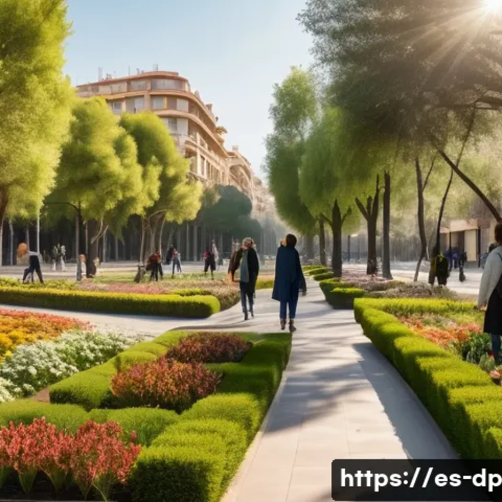 생태 지혜와 개인의 삶의 질 향상 - A serene urban park scene in Spain during early morning light, featuring diverse people of various a...