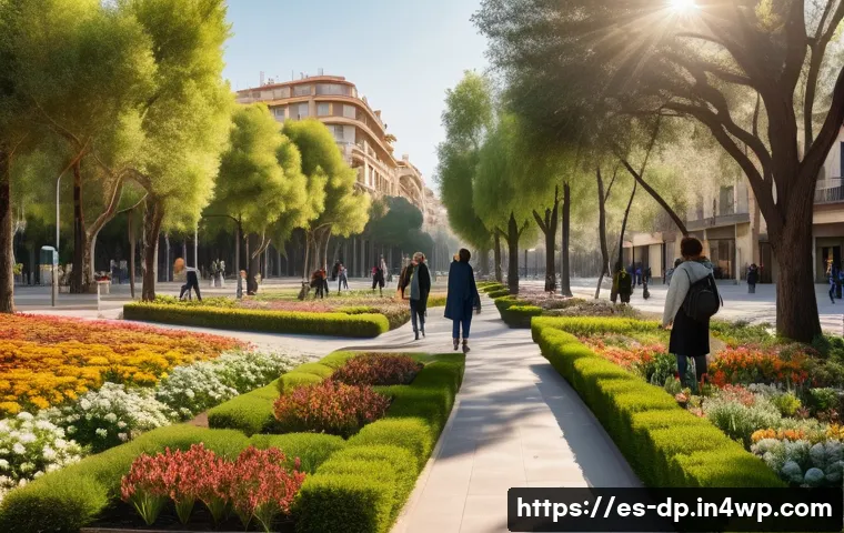 생태 지혜와 개인의 삶의 질 향상 - A serene urban park scene in Spain during early morning light, featuring diverse people of various a...