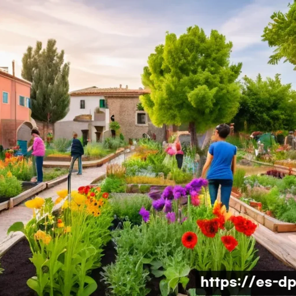 자연과 조화로운 생활 방식 - A vibrant urban community garden in a Spanish neighborhood, featuring diverse native plants, colorfu...