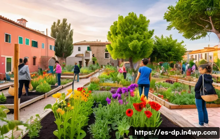 자연과 조화로운 생활 방식 - A vibrant urban community garden in a Spanish neighborhood, featuring diverse native plants, colorfu...