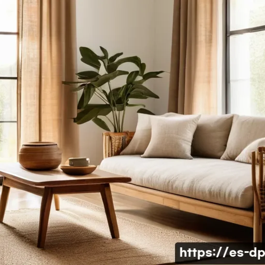 자연 소재의 생활용품 선택하기 - A cozy, sunlit living room featuring natural wood furniture with visible grain and warm tones, organ...