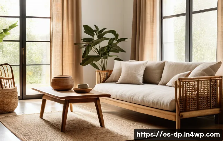 자연 소재의 생활용품 선택하기 - A cozy, sunlit living room featuring natural wood furniture with visible grain and warm tones, organ...