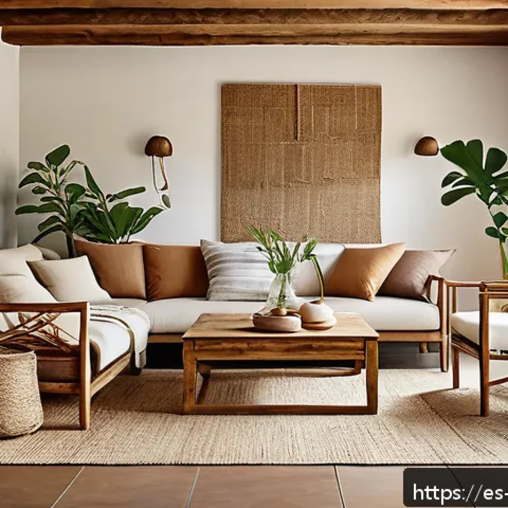 자연 친화적인 인테리어 디자인 - A cozy modern rustic living room featuring furniture made from FSC-certified and recycled wood, show...