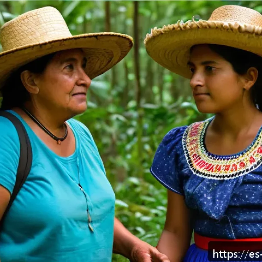 생태 지혜와 평화의 관계 - A vibrant community in a lush Mexican forest, with diverse indigenous people wearing traditional col...
