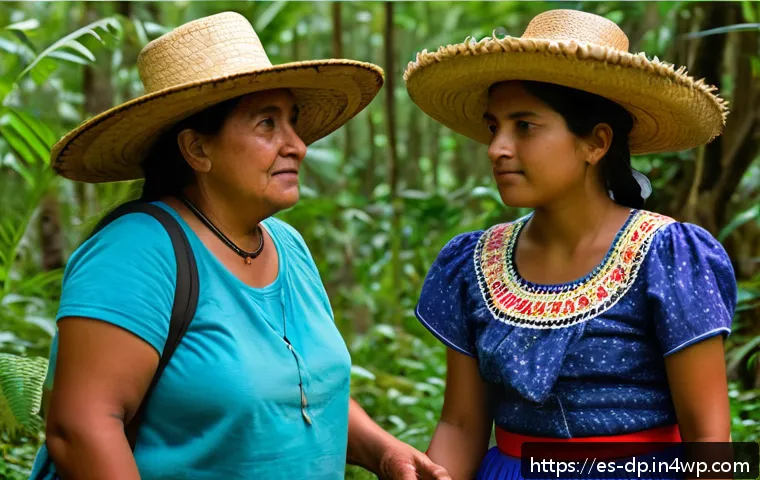 생태 지혜와 평화의 관계 - A vibrant community in a lush Mexican forest, with diverse indigenous people wearing traditional col...