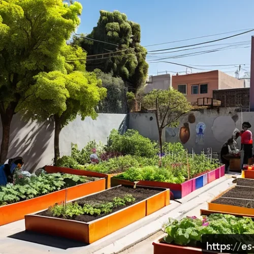 Home 33 생태 지혜와 지역사회 봉사 - A vibrant urban community garden in a sunny neighborhood of Mexico City, featuring diverse groups of...