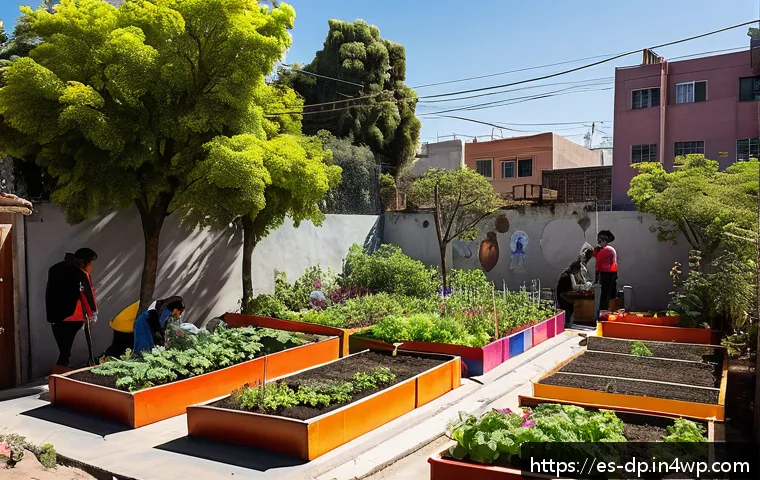 생태 지혜와 지역사회 봉사 - A vibrant urban community garden in a sunny neighborhood of Mexico City, featuring diverse groups of...