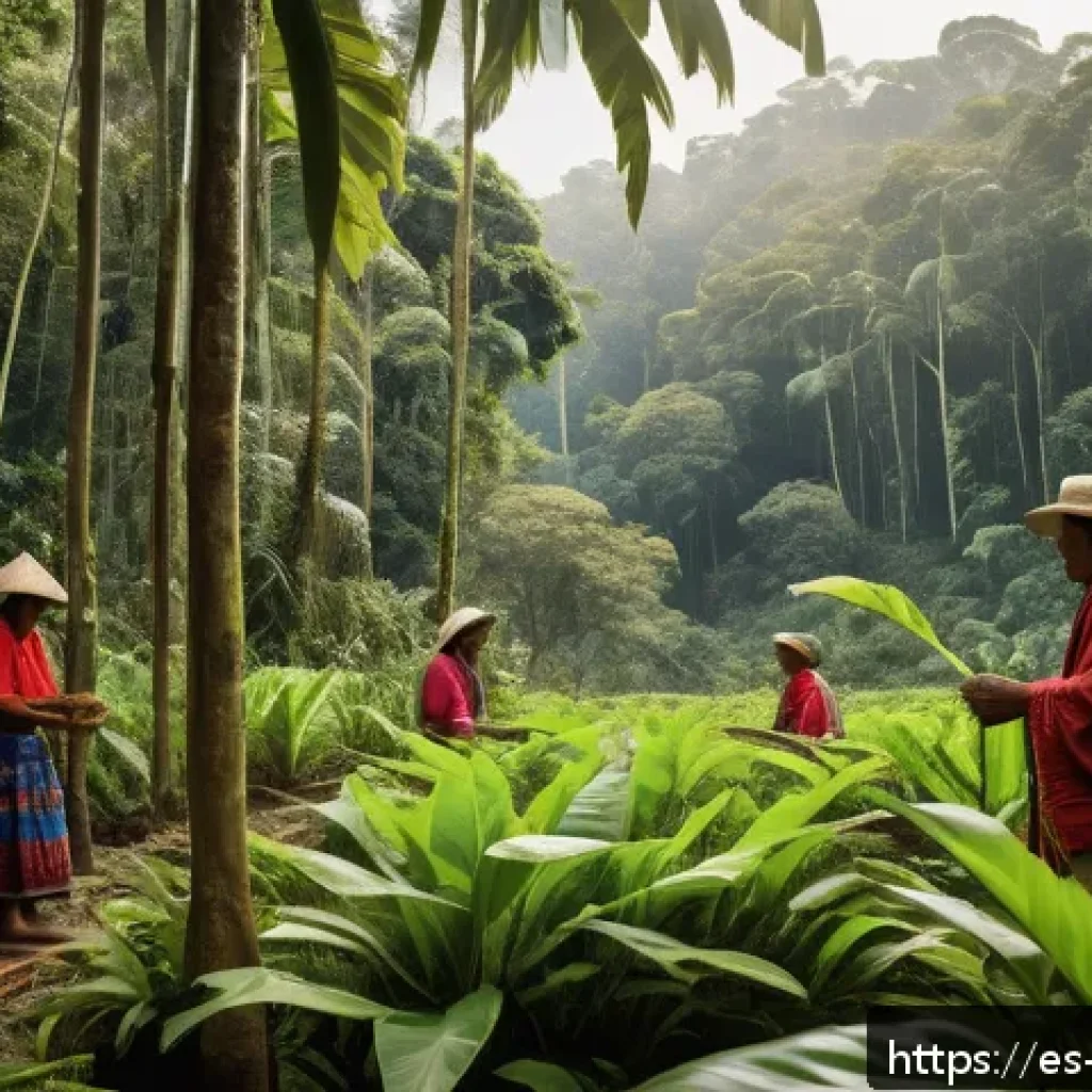 생태 지혜의 역사적 배경 - A vibrant scene depicting an indigenous Amazonian community engaging in traditional sustainable agri...
