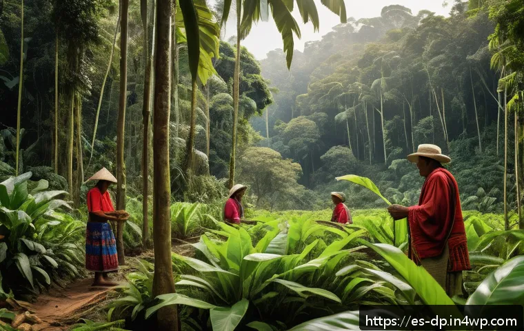 생태 지혜의 역사적 배경 - A vibrant scene depicting an indigenous Amazonian community engaging in traditional sustainable agri...