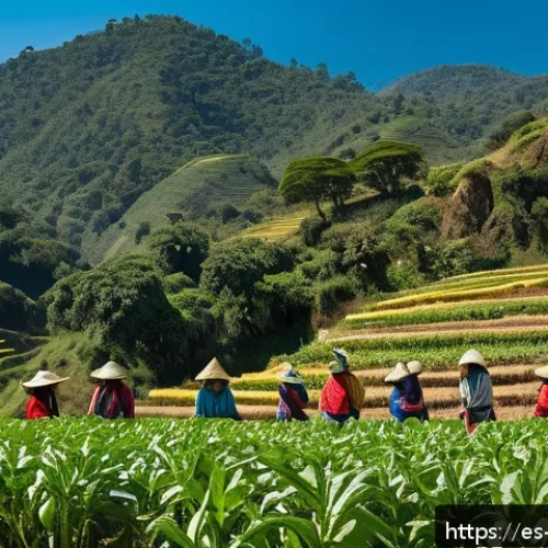 Home 30 생태 지혜와 지속 가능한 농업 - A vibrant Latin American indigenous farming community working together in a lush terraced field unde...