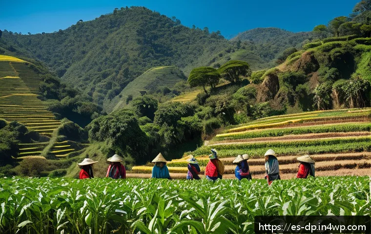 생태 지혜와 지속 가능한 농업 - A vibrant Latin American indigenous farming community working together in a lush terraced field unde...