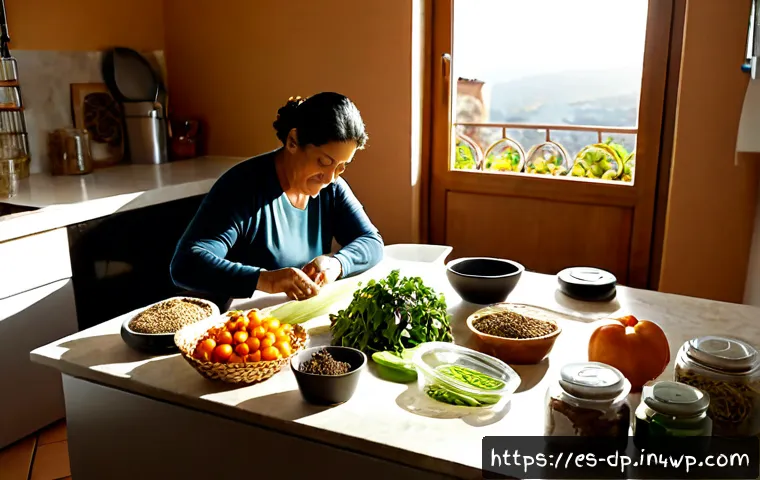 생태 지혜를 통한 라이프스타일 변화 - Photorealistic sustainable lifestyle scene in a sunlit Spanish apartment kitchen, a middle-aged Hisp...